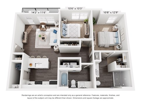 Floor plan for 2 beds, 2 baths, 943 sqft
